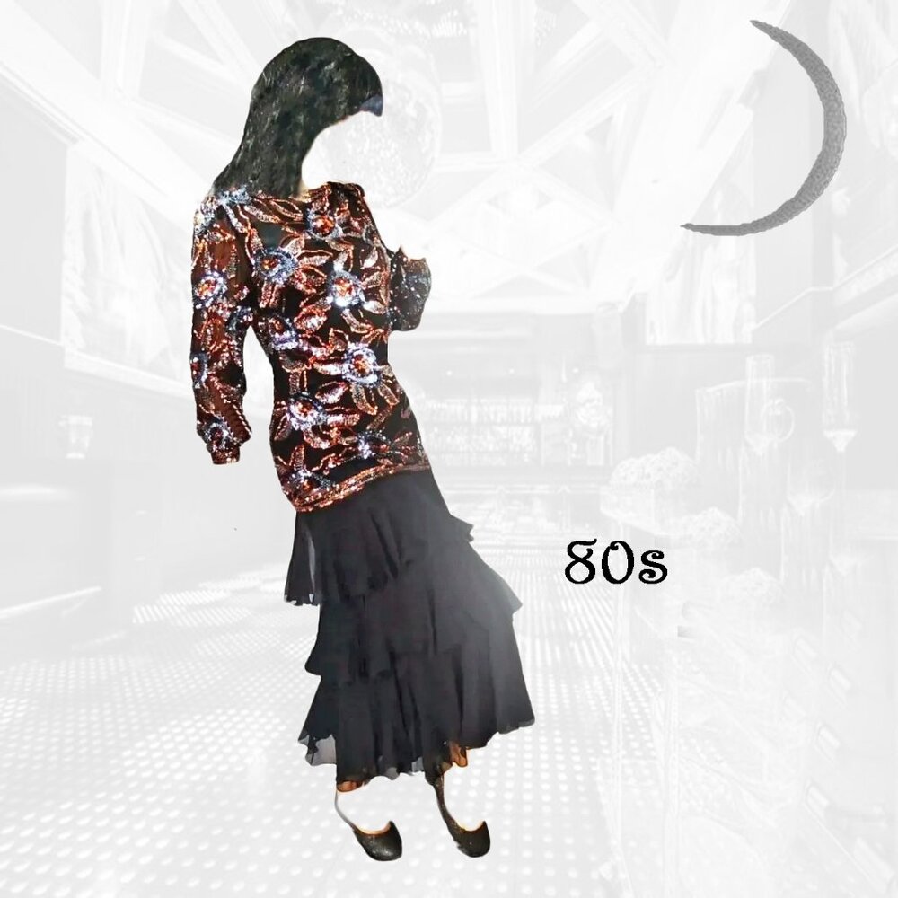 Long Sleeve Formal Sequin Maxi Black Chiffon Rhumba Skirt - 80s Vintage